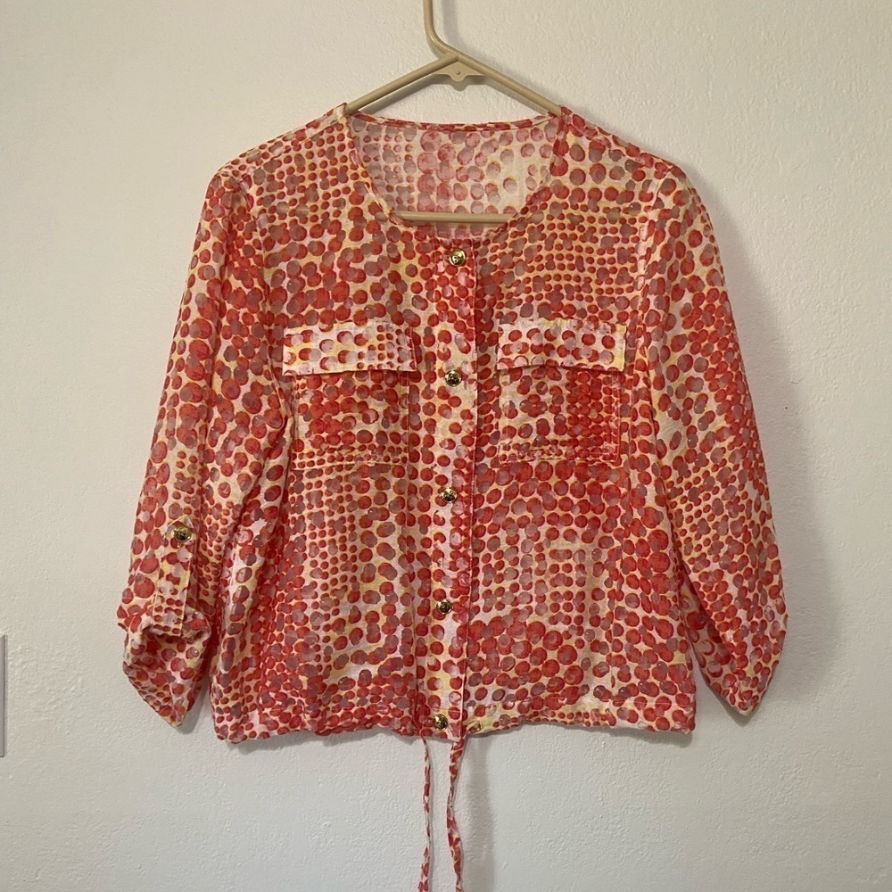 Hearts of Palm women's button down cinch bottom semi sheer flap pocket top EUC